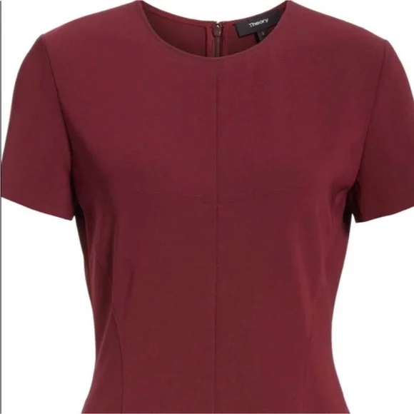 THEORY Modern Seamed Short Sleeve Jewel Neck Shift Dress in Deep Mulberry - Picture 6 of 14